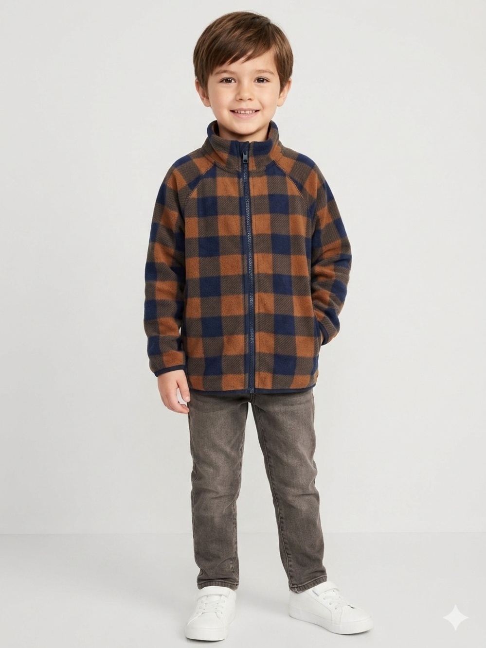 H&M Kids Plaid Microfleece Full-Zip Jacket Size 4-6Y Brown/Navy EUC